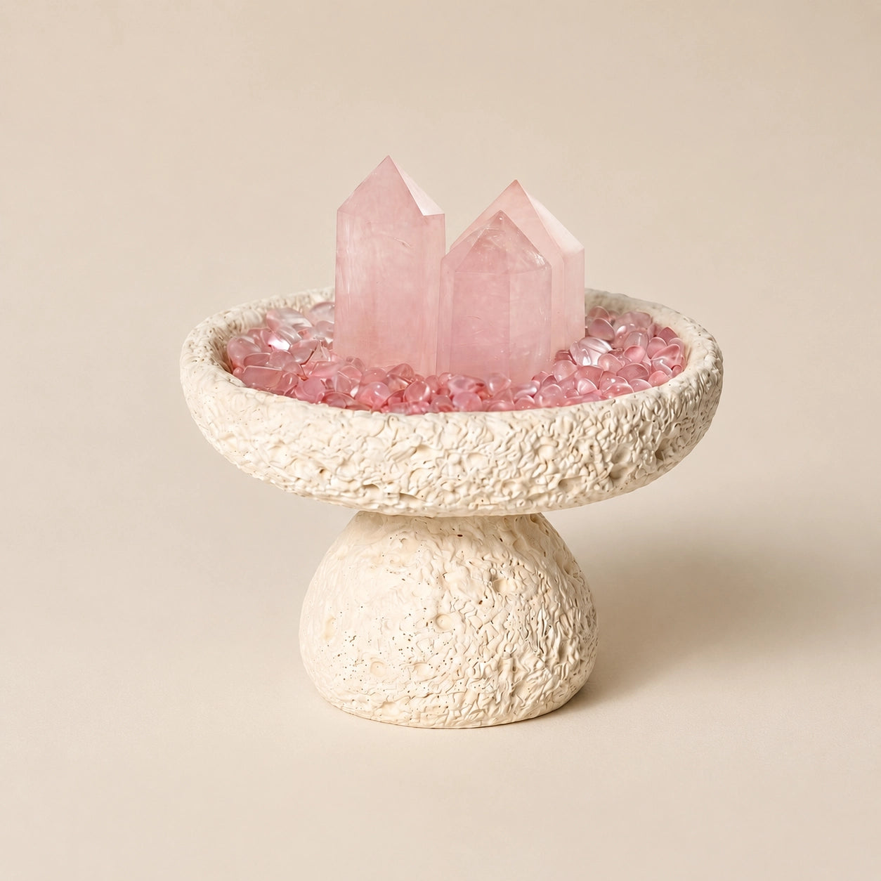 Beige Nordic crystal cleansing bowl with rose quartz and cleansing stones for jewelry rituals