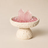 Beige Nordic crystal cleansing bowl with rose quartz and cleansing stones for jewelry rituals