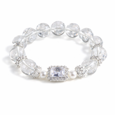 Clear quartz crystal bracelet with round beads, pearl accents and sparkling centerpiece for clarity and energy healing