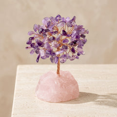 Feng shui crystal tree with amethyst gemstone leaves and natural rose quartz base for harmony, luck and protection