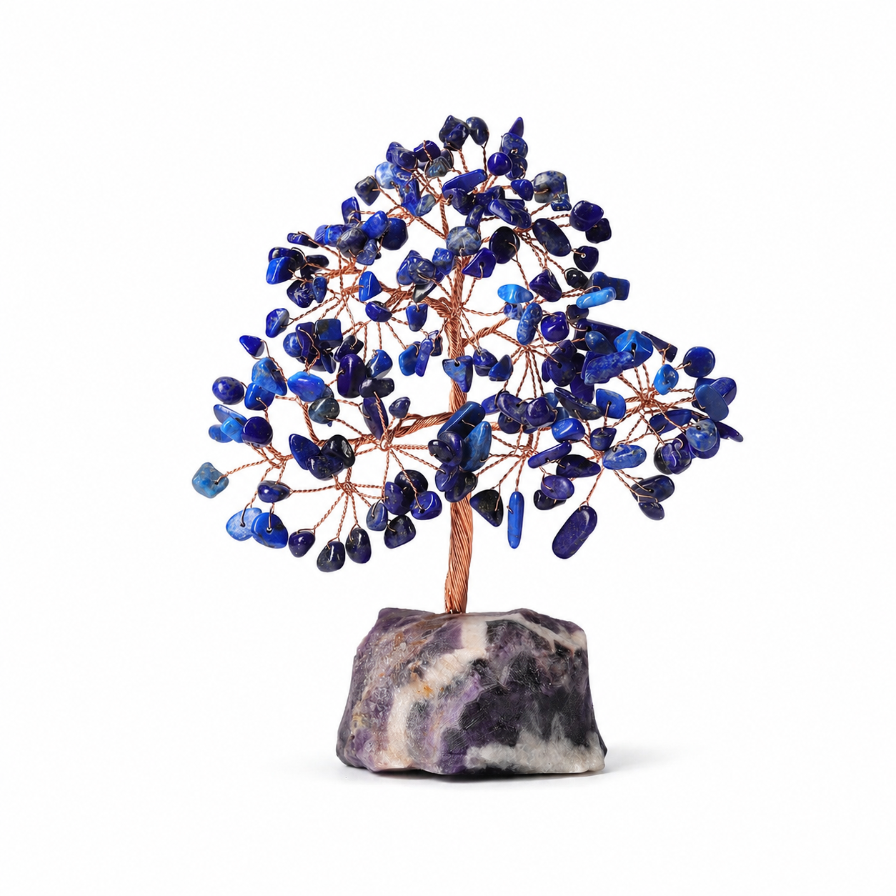lapis lazuli feng shui crystal tree with natural amethyst base on a white background