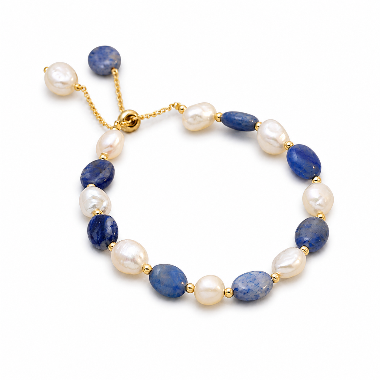 Blue aventurine and freshwater pearl bracelet isolated on a white background