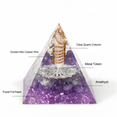 Orgonite energy pyramid featuring double helix copper wire and metal totem for spiritual growth and protection.