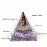 Handmade orgonite pyramid with amethyst column and copper wire for family harmony and energy healing.