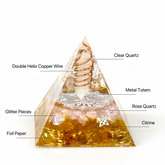 Orgonite pyramid with Rose Quartz, Citrine and Clear Quartz wrapped in a copper coil, designed for love attraction and first-sight chemistry.
