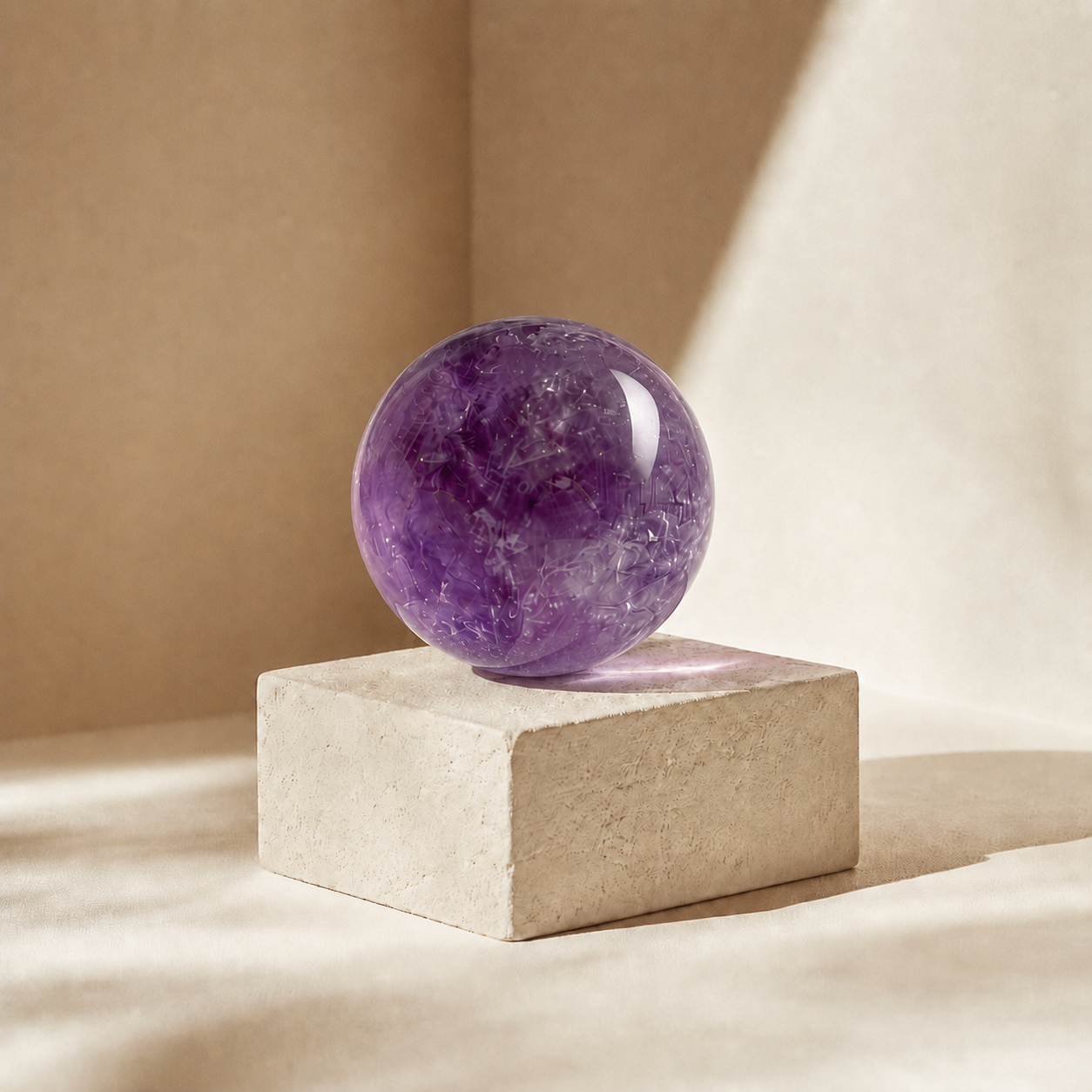 natural amethyst crystal sphere displayed in warm sunlight for meditation altar and desk decor