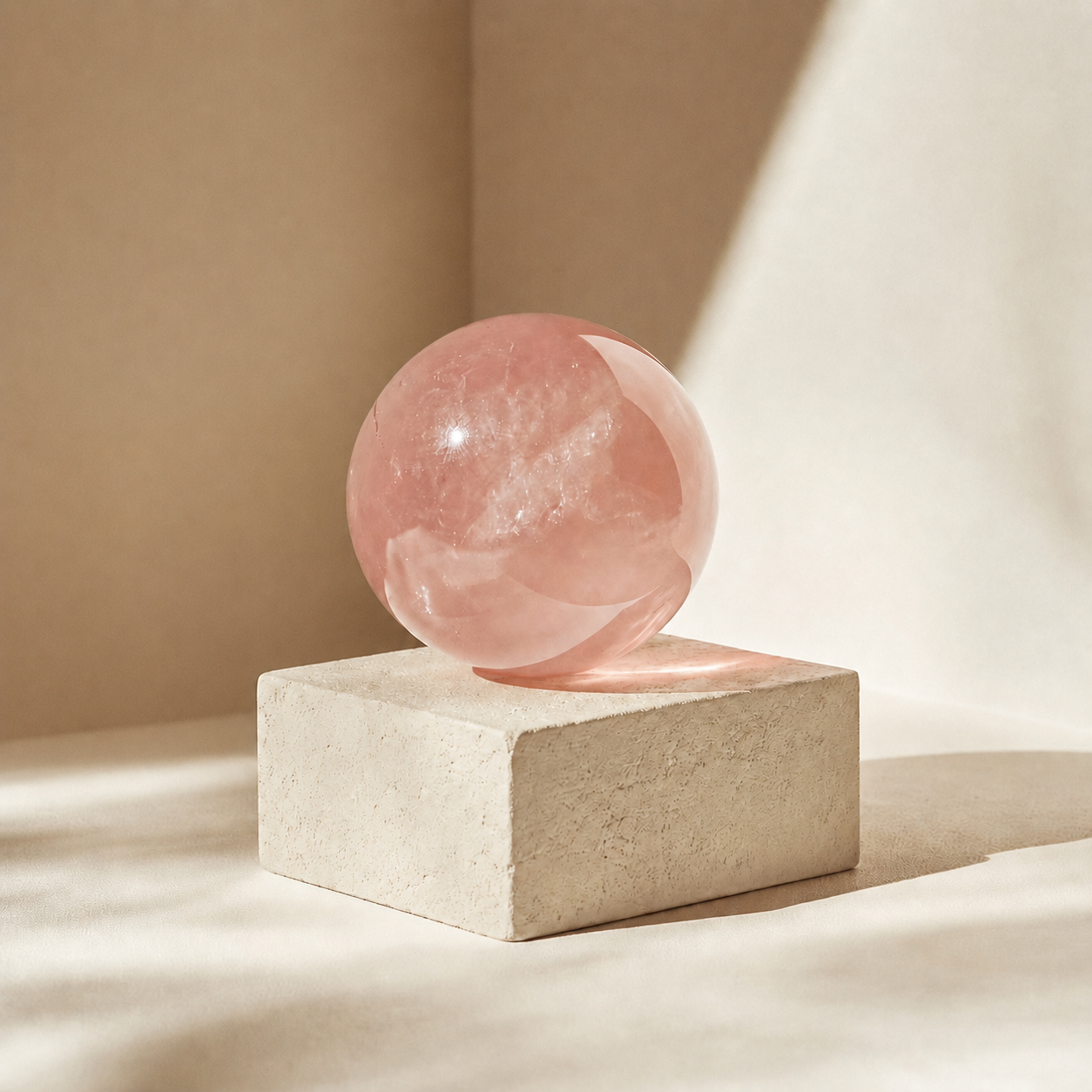 responsibly sourced natural rose quartz crystal sphere with soft pink clarity and cloud-like inclusions