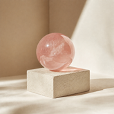 responsibly sourced natural rose quartz crystal sphere with soft pink clarity and cloud-like inclusions