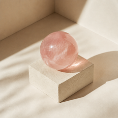 polished rose quartz crystal sphere displayed on cream pedestal for self love and meditation decor