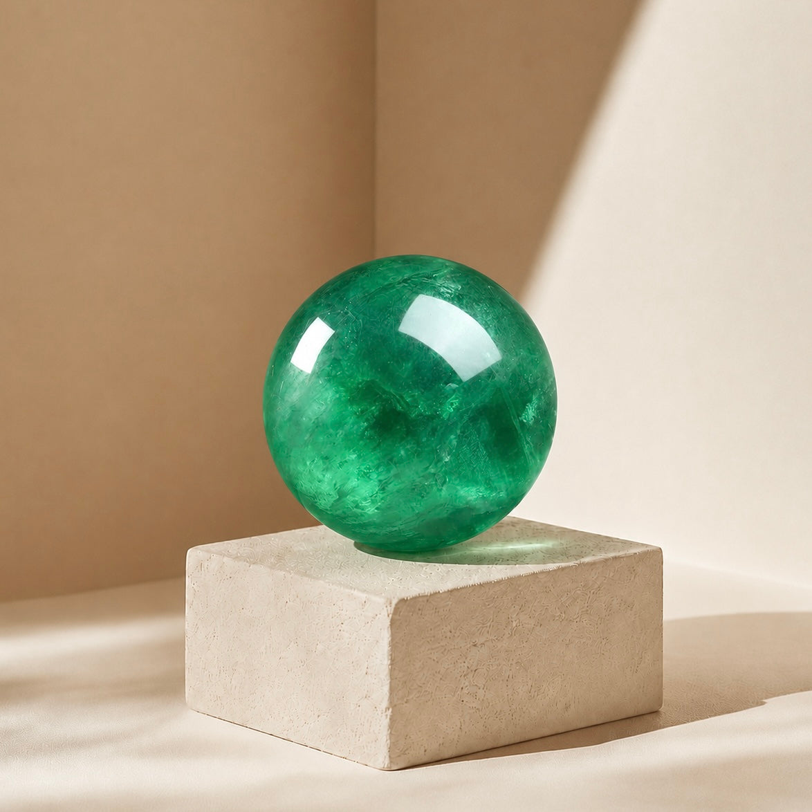 Polished Natural Green Fluorite Crystal Sphere with bright green transparency and natural inner textures for clarity focus and meditation decor.