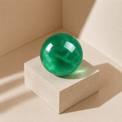 Natural Green Fluorite Crystal Sphere with luminous emerald-green clarity, natural internal textures, and polished shine on a neutral display block.