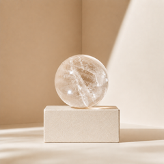 Natural Clear Quartz sphere for clarity and energy cleansing displayed on minimalist stone block