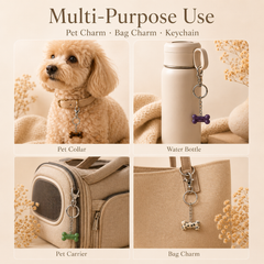 Collage of a dog wearing a pet collar with a charm, a water bottle with a charm, a pet carrier with a charm, and a bag with a charm on a beige background.