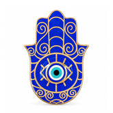 Blue Hamsa Evil Eye Ceramic Trinket Dish with protective eye symbol, glossy ceramic finish, and gold detailing.