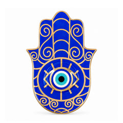 Blue Hamsa Evil Eye Ceramic Trinket Dish with protective eye symbol, glossy ceramic finish, and gold detailing.