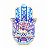 Mystic Hamsa Evil Eye Ceramic Trinket Dish with triangle eye symbol, blue purple design, and glossy ceramic finish for intuition decor.