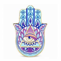 Mystic Hamsa Evil Eye Ceramic Trinket Dish with triangle eye symbol, blue purple design, and glossy ceramic finish for intuition decor.