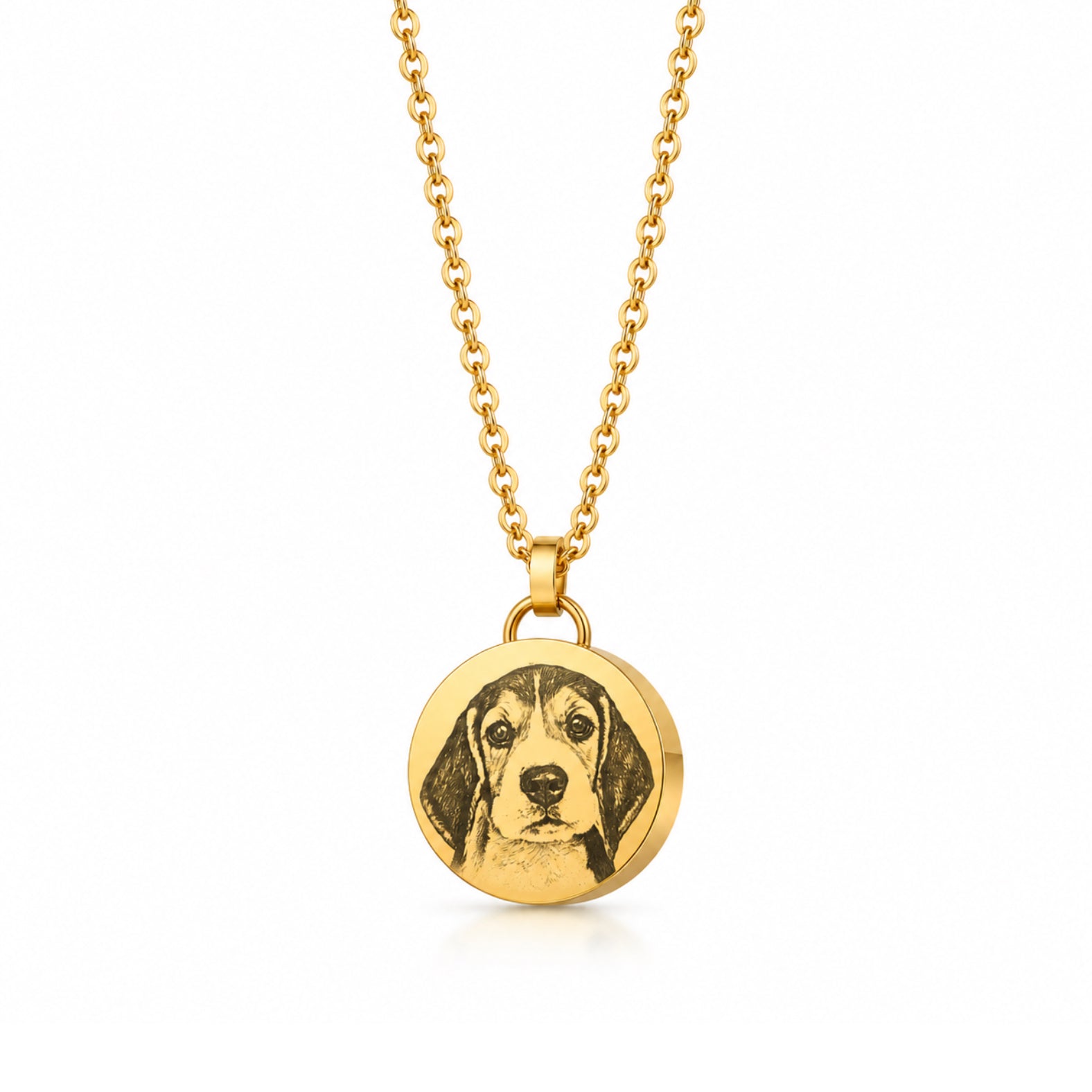 Gold custom pet memorial necklace with engraved dog portrait, round stainless steel pendant, and 50cm chain.