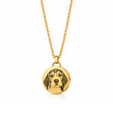 Gold custom pet memorial necklace with engraved dog portrait, round stainless steel pendant, and 50cm chain.