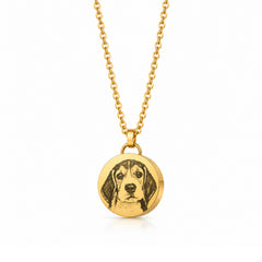 Gold custom pet memorial necklace with engraved dog portrait, round stainless steel pendant, and 50cm chain.