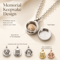 Pet memorial keepsake necklace with twist-open pendant designed to store pet fur or tiny keepsakes close to your heart.