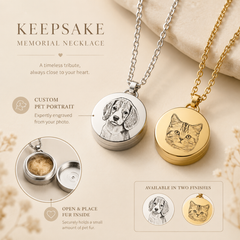 Custom pet memorial necklace with engraved pet portrait and twist-open keepsake pendant for storing pet fur inside.