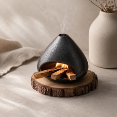 Black ceramic smudge burner with Palo Santo sticks, rising smoke, and rustic wood base for crystal cleansing and altar decor.
