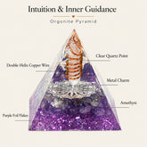 Intuition and inner guidance orgonite pyramid diagram with amethyst, clear quartz, double-helix copper coil and purple foil details