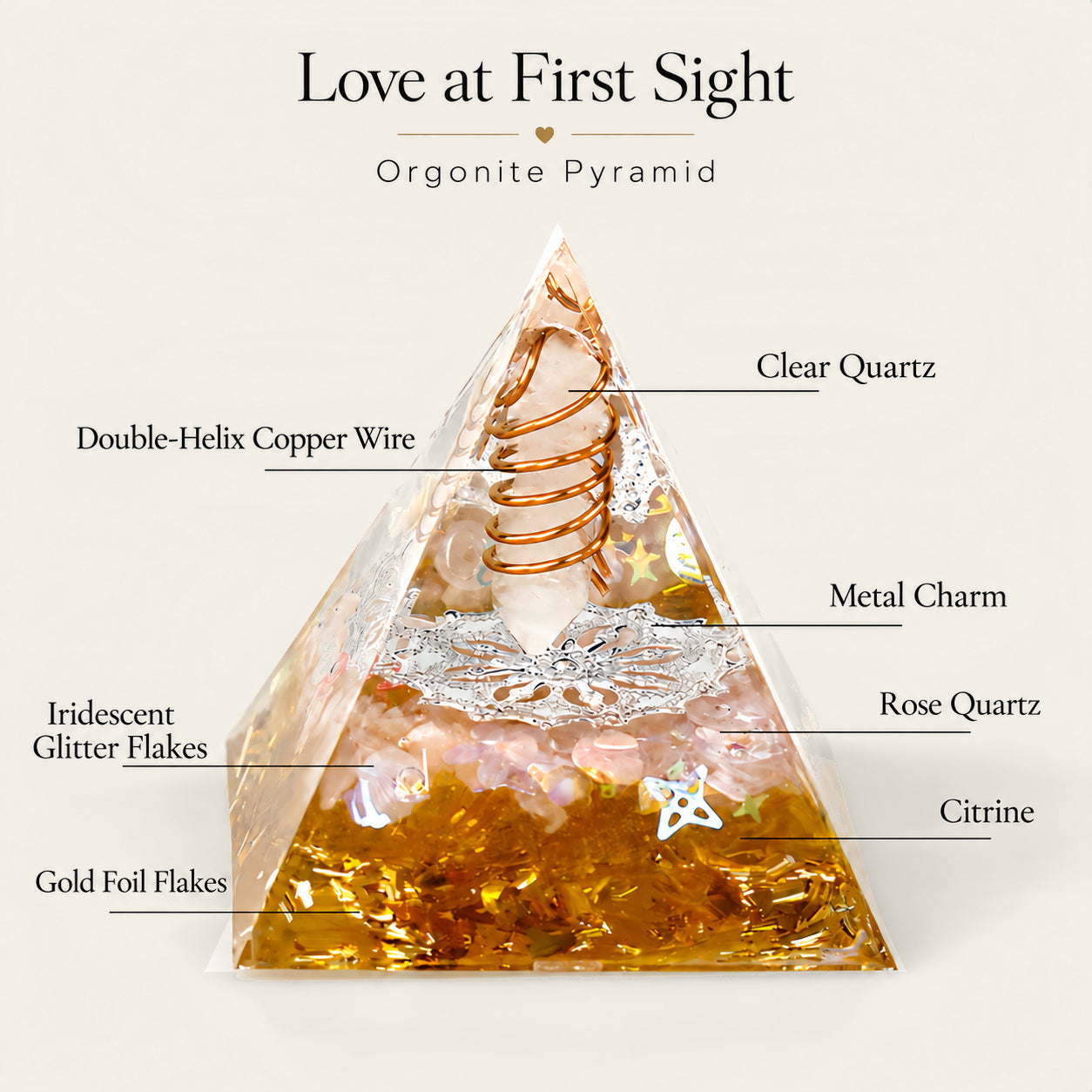 Love at First Sight orgonite pyramid with rose quartz, clear quartz, citrine, copper coil and gold-tone details