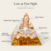 Love at First Sight orgonite pyramid with rose quartz, clear quartz, citrine, copper coil and gold-tone details
