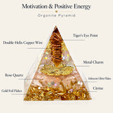 Abundance and wealth manifestation orgonite pyramid with Tiger’s Eye, citrine, rose quartz, double-helix copper coil and gold foil details