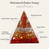 Vitality and courage orgonite pyramid diagram with red jasper, red quartz, citrine, double-helix copper coil and red foil details