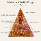Motivation and positive energy orgonite pyramid with red agate, red quartz, citrine, double-helix copper coil and gold-tone details