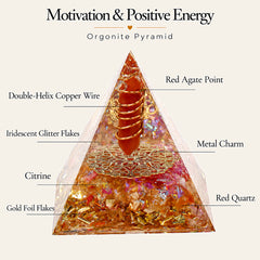 Motivation and positive energy orgonite pyramid with red agate, red quartz, citrine, double-helix copper coil and gold-tone details