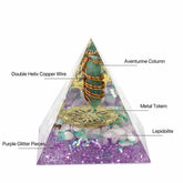 orgonite pyramid diagram showing aventurine column, rose quartz chips, copper wire, glitter base and decorative elements