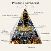 Protection and energy shield orgonite pyramid diagram with obsidian, labradorite, double-helix copper coil, gold foil and dark resin details