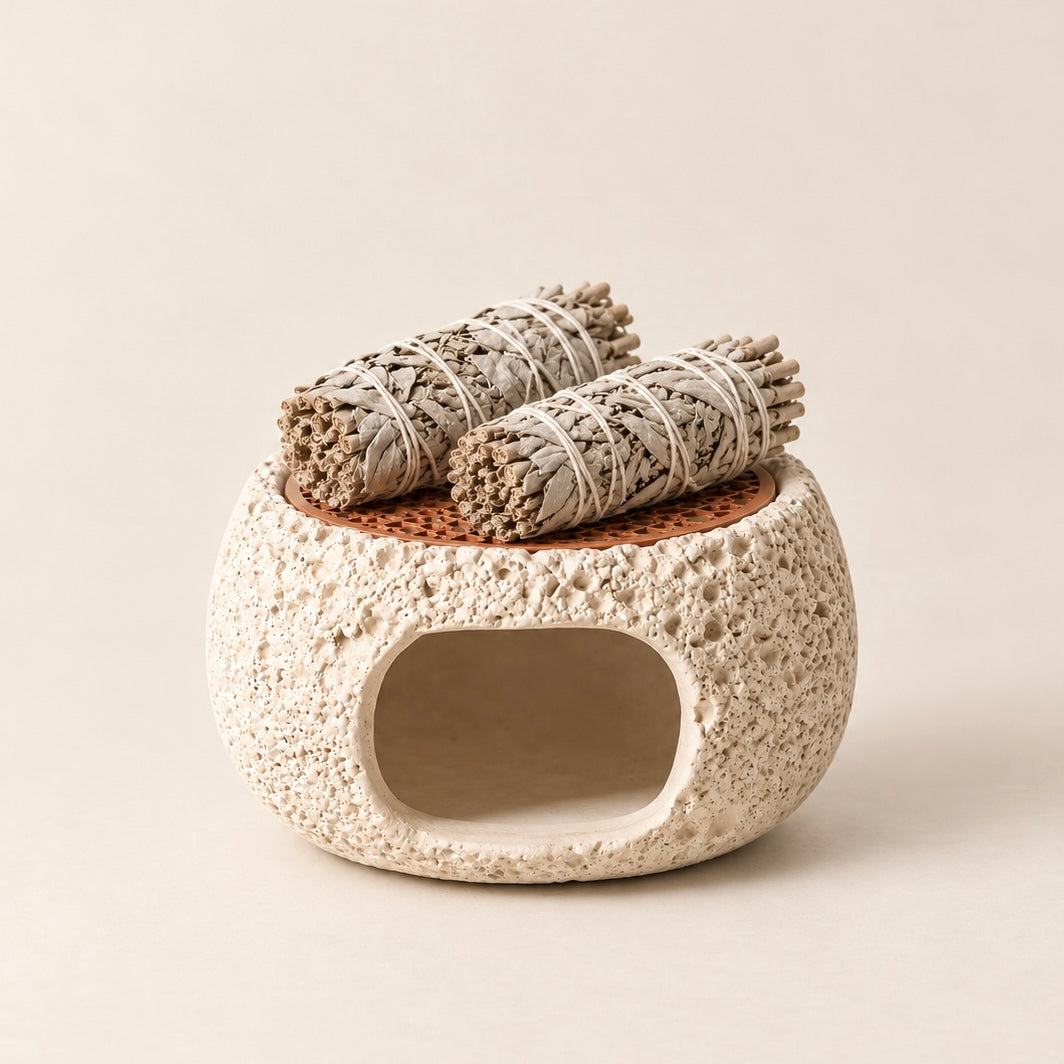 Nordic Crystal Cleansing Burner|Sage & Palo Santo Smudge Holder with warm beige background.