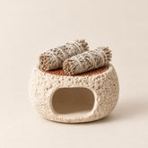 Nordic Crystal Cleansing Burner|Sage & Palo Santo Smudge Holder with warm beige background.