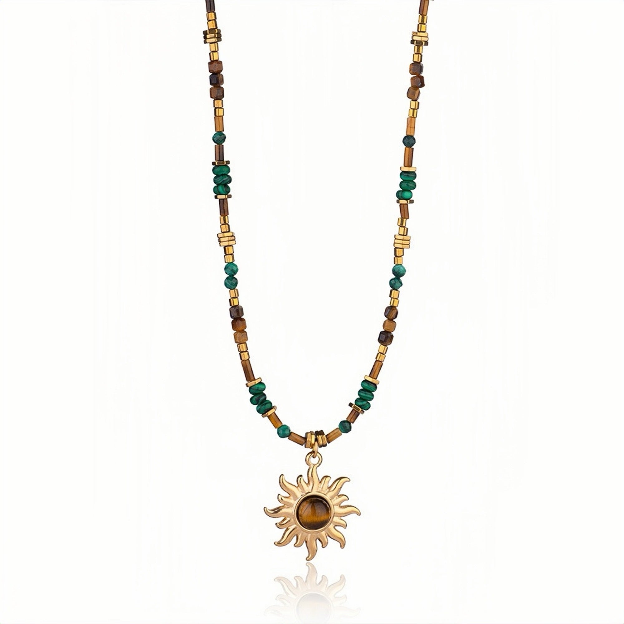 Sunflower crystal necklace with Tiger’s Eye and Lapis Lazuli inspired design for protection and inner peace