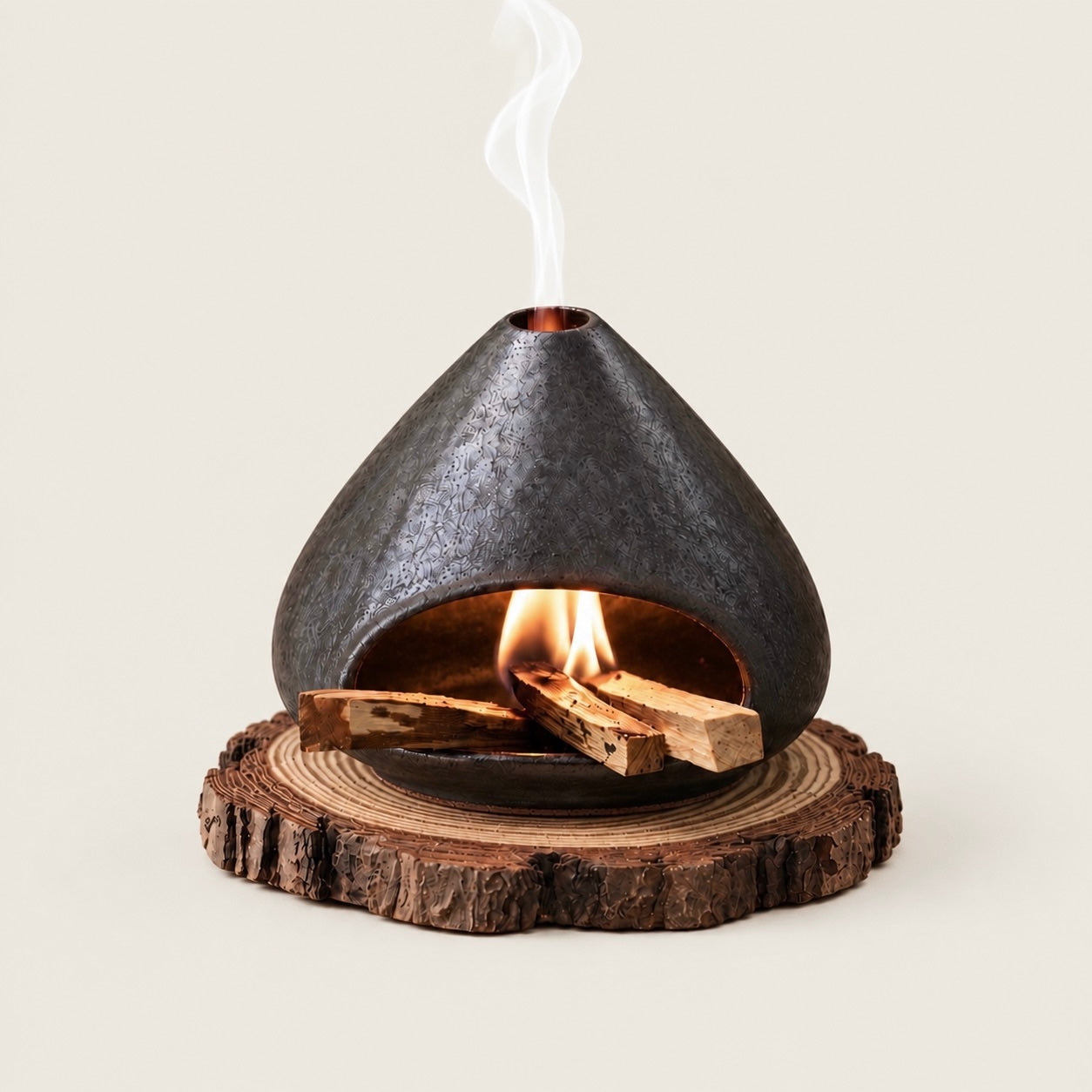 Fired Earth Brown ceramic Palo Santo and sage burner with burning wood and smoke on a natural wood slice