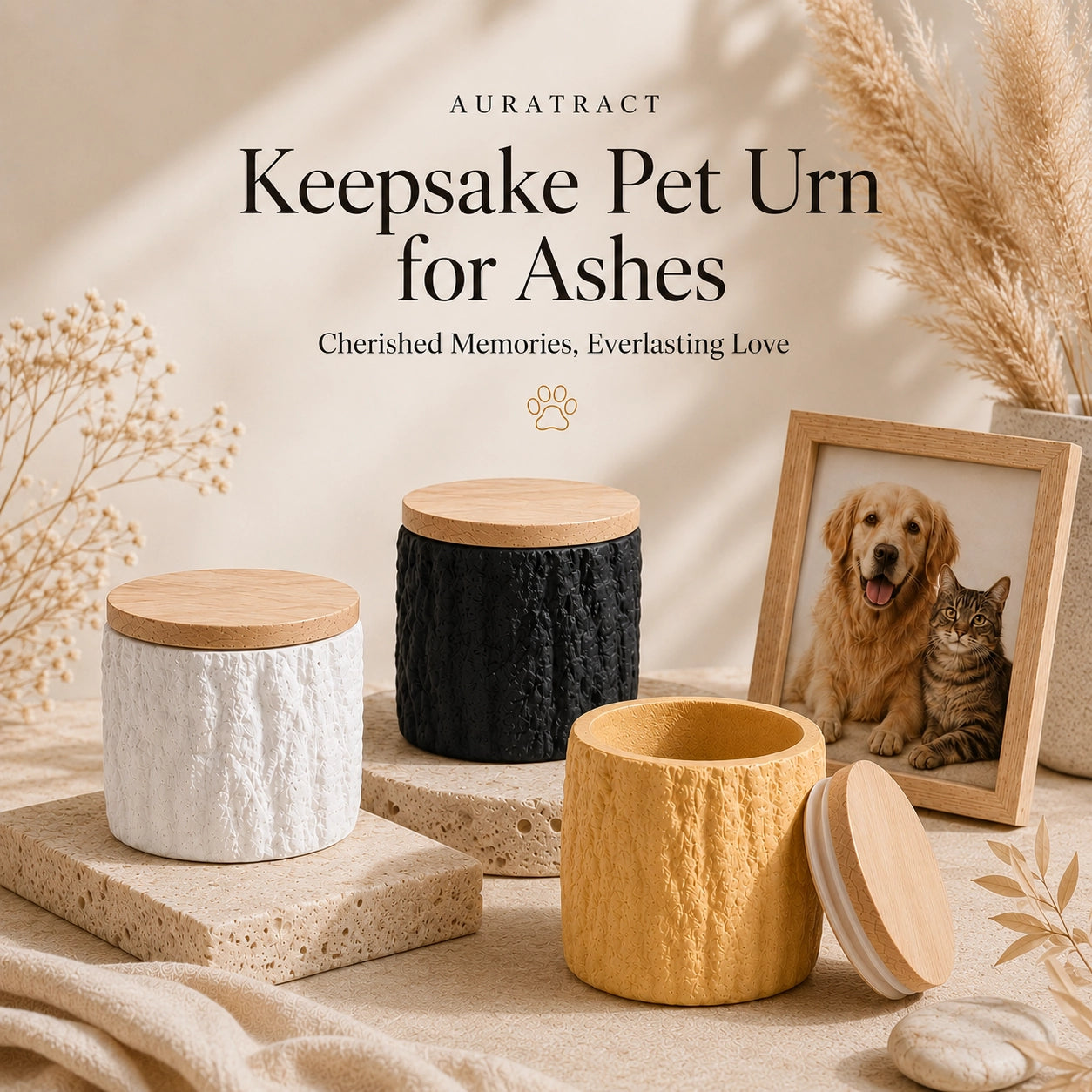 Keepsake pet urns for ashes in soft white, charcoal black and butter yellow beside a framed dog and cat photo