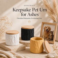 Keepsake pet urns for ashes in soft white, charcoal black and butter yellow beside a framed dog and cat photo