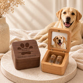 Personalized wooden pet memorial keepsake box with photo display, two glass vials and happy Labrador