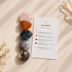 Balance crystal set with rose quartz, carnelian, smoky quartz, labradorite and moonstone for harmony intentions