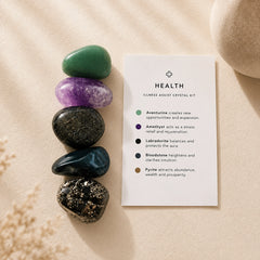 Natural healing crystal set with green aventurine, amethyst, labradorite, bloodstone and pyrite for vitality intentions