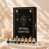 Crystal Starter Kit contents overview with 30 labeled mini gemstone bottles, Flower of Life grid, selenite stick and crystal guide