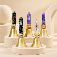 Collection of crystal point ritual bells with amethyst, clear and black crystal points
