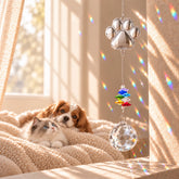 Silver pet paw print suncatcher with colorful crystal beads and a clear faceted hanging prism, casting rainbow reflections beside a resting dog and cat in a warm ivory room.