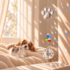 Silver pet paw print suncatcher with colorful crystal beads and a clear faceted hanging prism, casting rainbow reflections beside a resting dog and cat in a warm ivory room.