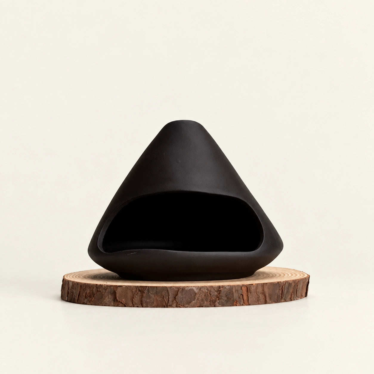 Mount Fuji-shaped Zisha clay incense burner in deep brown with wooden base